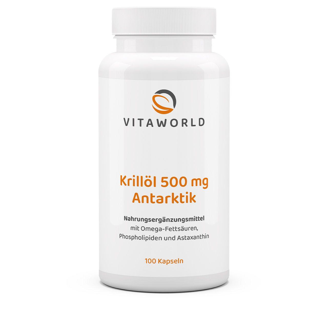 Vitaworld Krillöl Antarktik 500 mg | 100 Kapseln | Superba Krillöl | Omega-3-Fettsäuren | Phospholipide | Mit Cholin und Astaxanthin