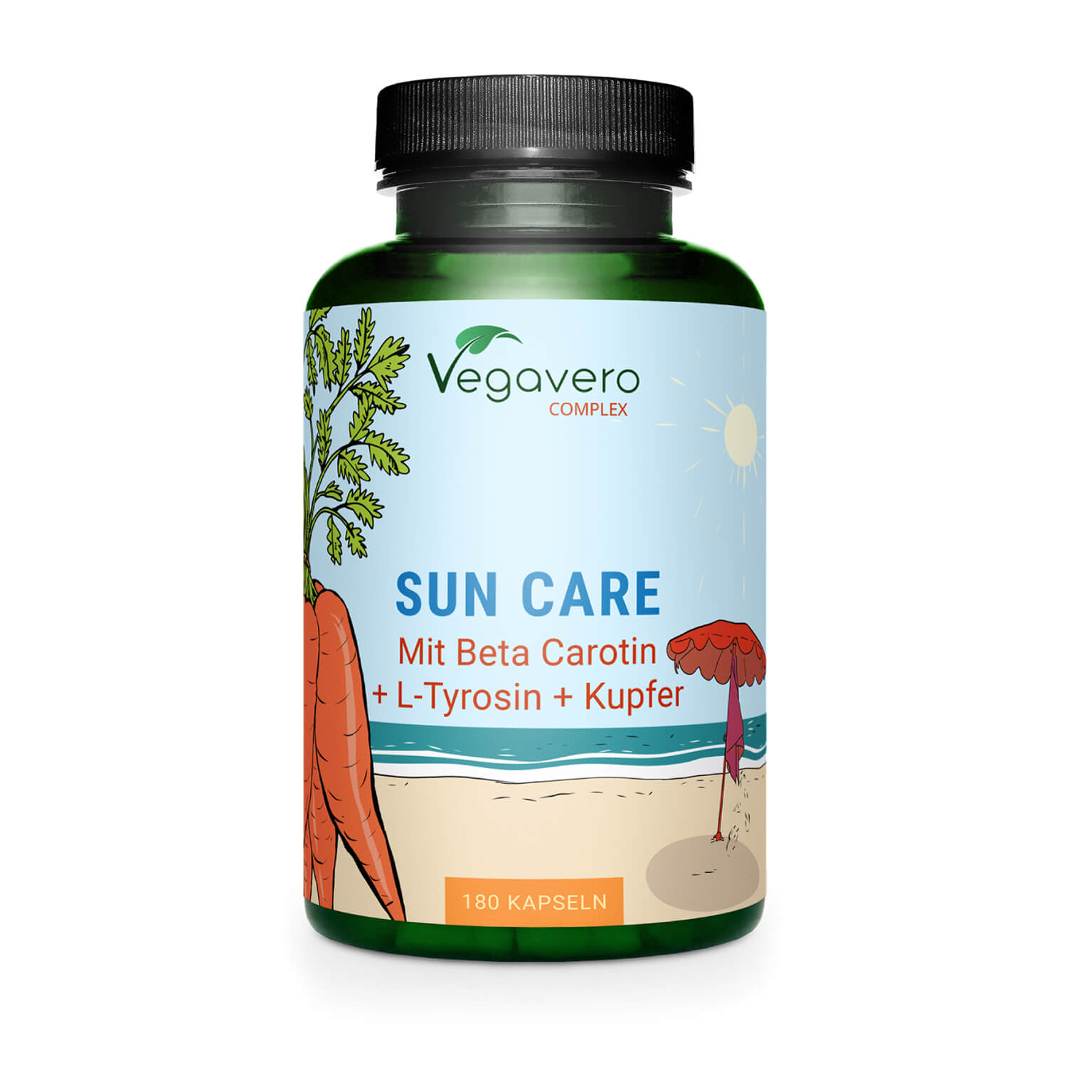 Vegavero Sun Care Complex | 180 Kapseln | Natürlicher Hautschutz | Beta-Carotin, Olivenblatt, Tomaten-, Karotten- und Goldtüpfelfarnextrakt | Vegan | Für eine schöne und gesunde Bräune