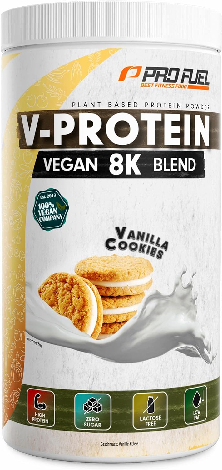 ProFuel V-PROTEIN 8K Blend | 9 Geschmacksrichtungen | Veganes Proteinpulver aus 8 pflanzlichen Proteinen | Hoher Proteingehalt | Cremig & lecker | Made in Germany