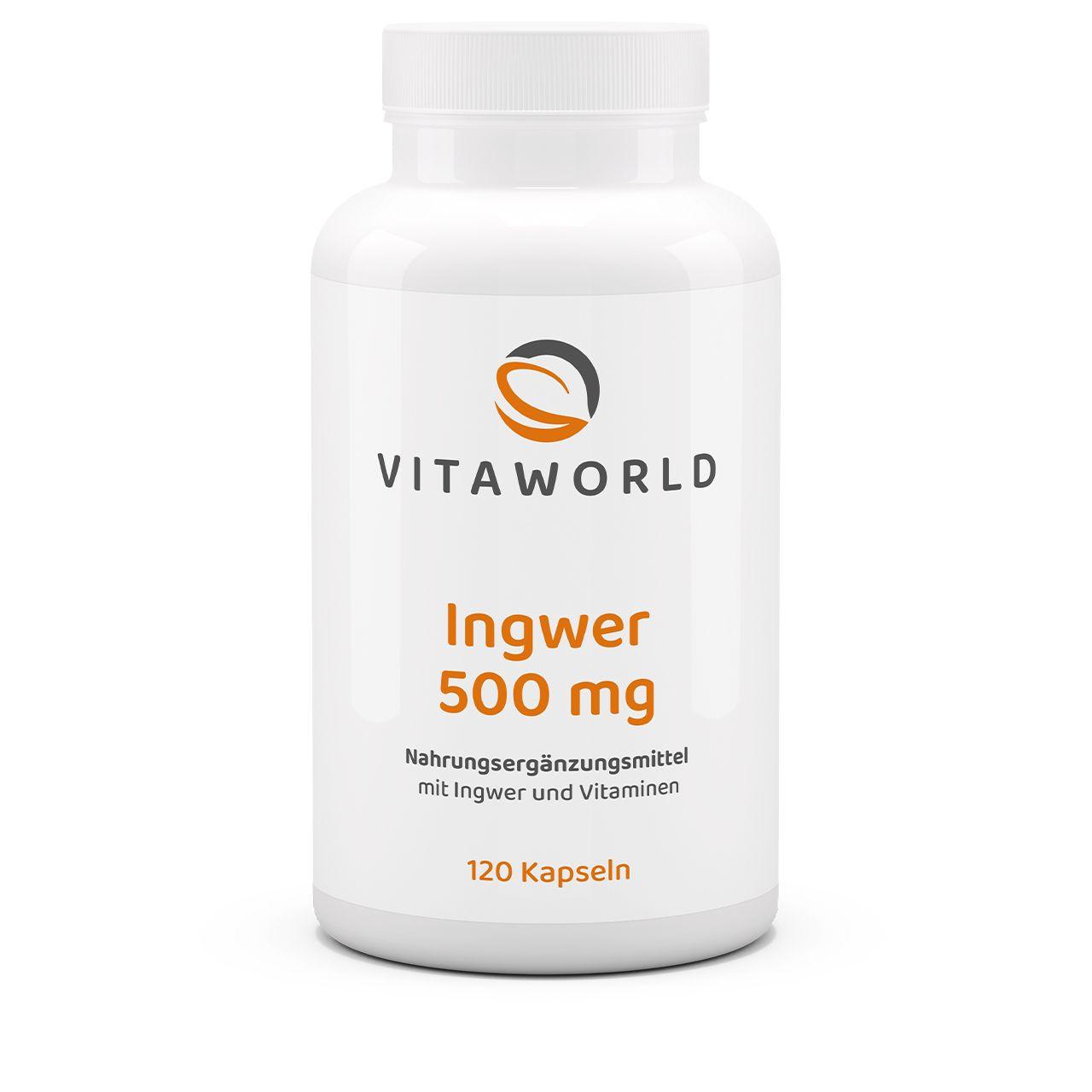 Vitaworld Ingwer 500 mg | 120 Kapseln | Mit Vitamin B1, B2, B6 | Immunsystem & Energiestoffwechsel | Ingwerwurzelpulver | Vegan