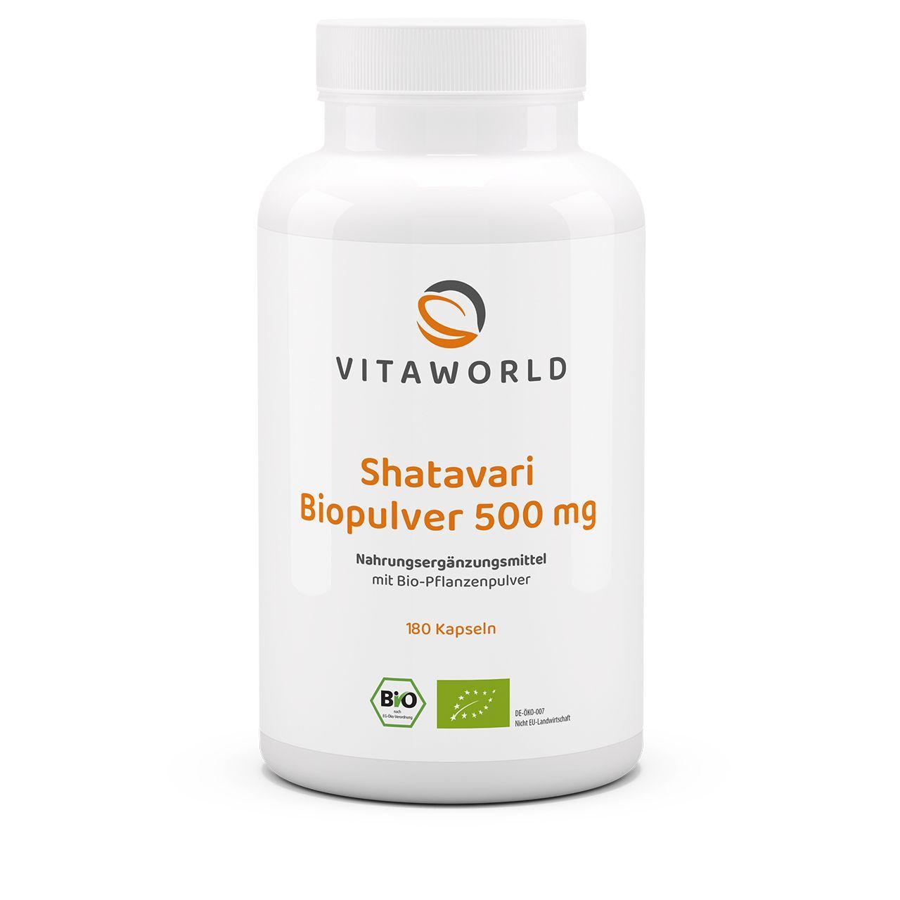 Vitaworld Shatavari Biopulver 500 mg | 180 Kapseln | Indischer Spargel | Naturkraft für Frauen | 1500 mg Shatavari pro Tagesdosis | Vegan