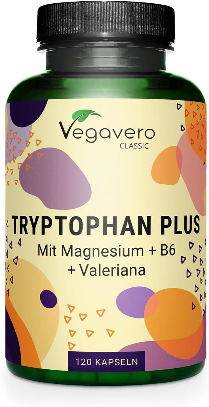 Vegavero Tryptophan Plus | 120 Kapseln | Mit Baldrian, Magnesium + Vitamin B6 | Unterstützt Entspannung und Schlafqualität | Vegan und ohne Zusatzstoffe