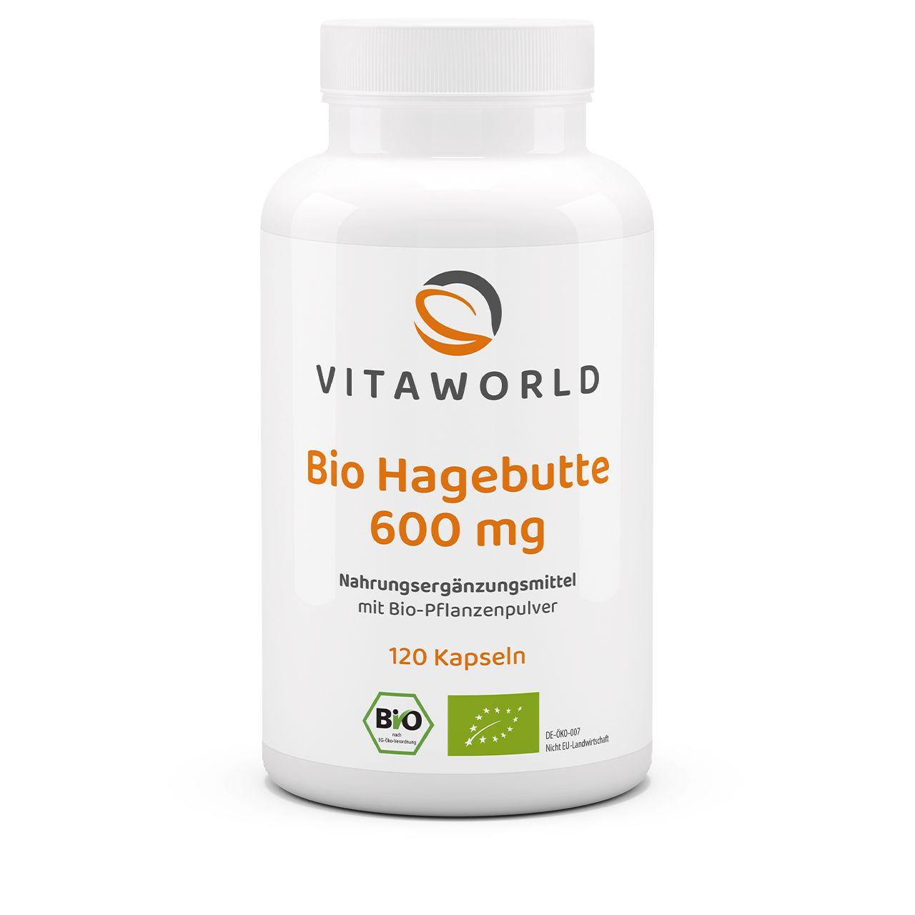 Vitaworld Hagebutte 600 mg Bio | 120 Kapseln | Premium Hagebuttenpulver | Original Rosa Canina aus Chile | Vegan