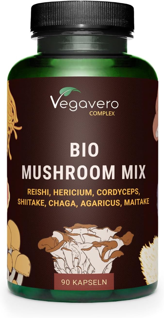 Vegavero Mushroom Mix BIO | 90 Kapseln | 7 Pilzextrakte: Reishi, Cordyceps, Shiitake, Chaga, Hericium, Agaricus, Maitake | Beta-Glucane & Polysaccharide | Vegan