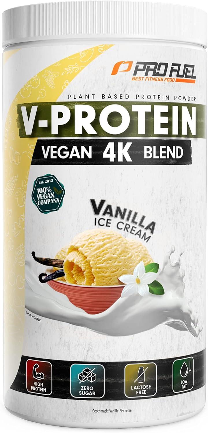 ProFuel V-PROTEIN 4K Blend | 12 Geschmacksrichtungen | Veganes Proteinpulver aus 4 pflanzlichen Proteinen | Hoher Proteingehalt | Cremig & lecker | Made in Germany