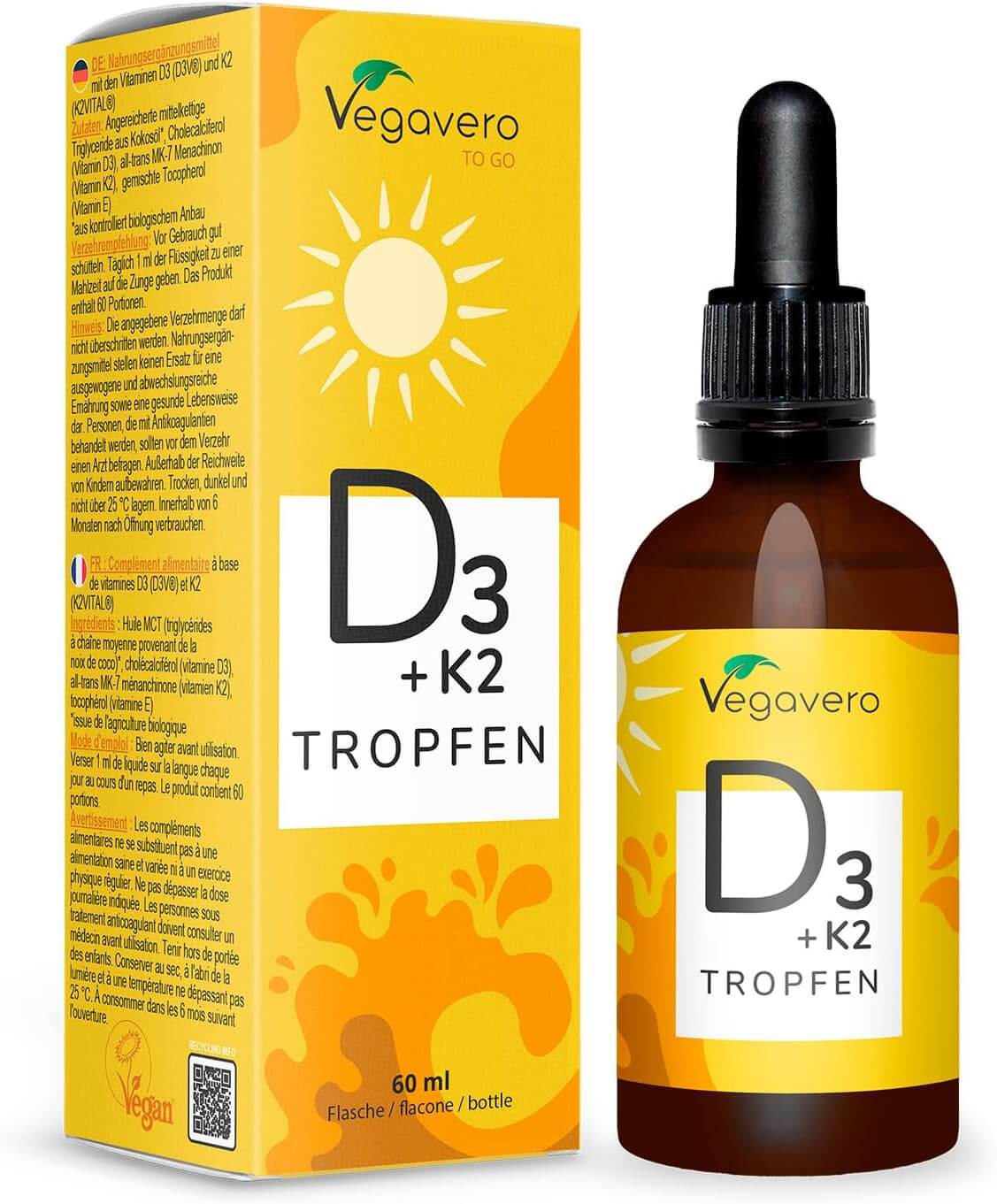 Vegavero Vitamin D3 + K2 Tropfen | 60ml | 50 µg Vitamin D3 | 25 µg Vitamin K2 | MCT-Öl | Vegan | Markenrohstoffe