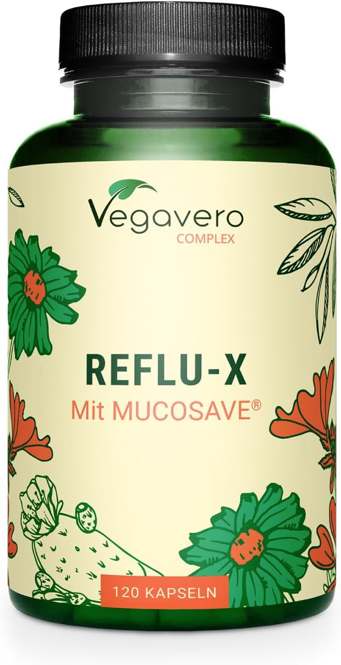 Vegavero Reflu-X | 120 Kapseln | Mucosave, Natriumalginat & Kamille | Vegan | Natürlich | Bei Sodbrennen & säurebedingten Magenbeschwerden