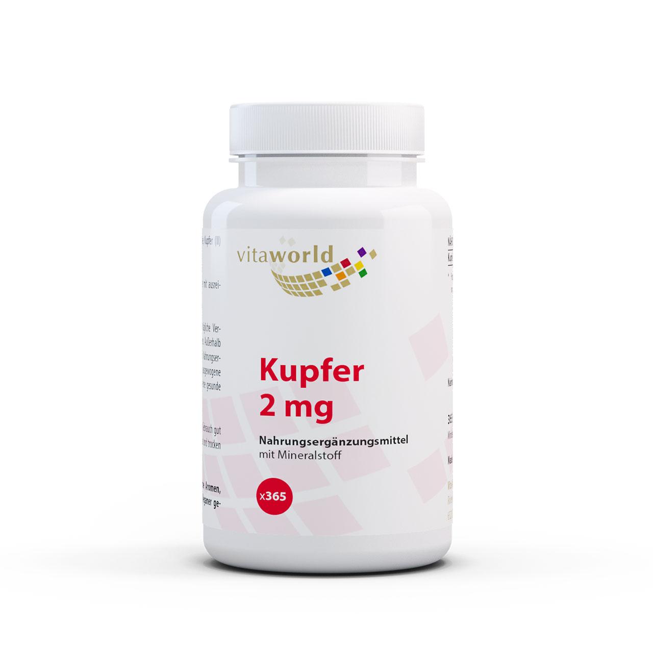 Vitaworld Kupfer 2 mg | 365 Tabletten | Hohe Bioverfügbarkeit | Essentielles Spurenelement | Unterstützt Immunsystem und Bindegewebe | Vegan