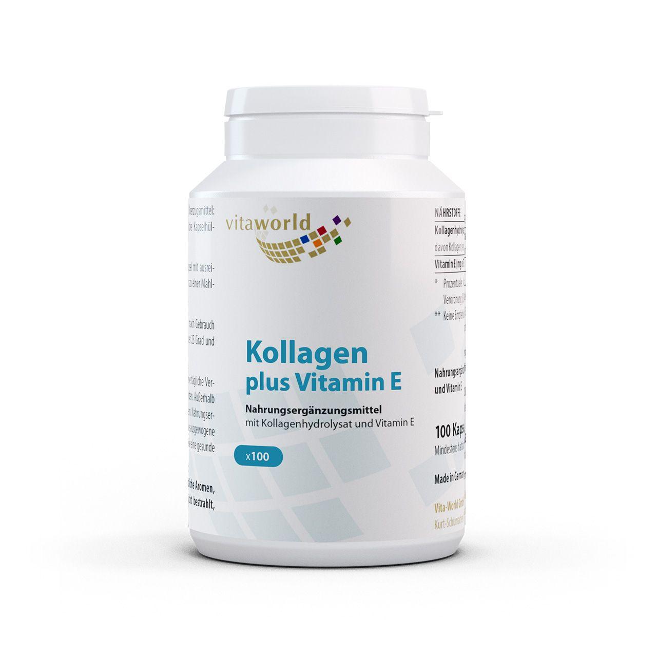 Vitaworld Kollagen 500 mg plus Vitamin E | 100 Kapseln | Bioaktive Kollagenpeptide | 24 mg Vitamin E | 500 mg reines Kollagen vom Rind pro Kapsel