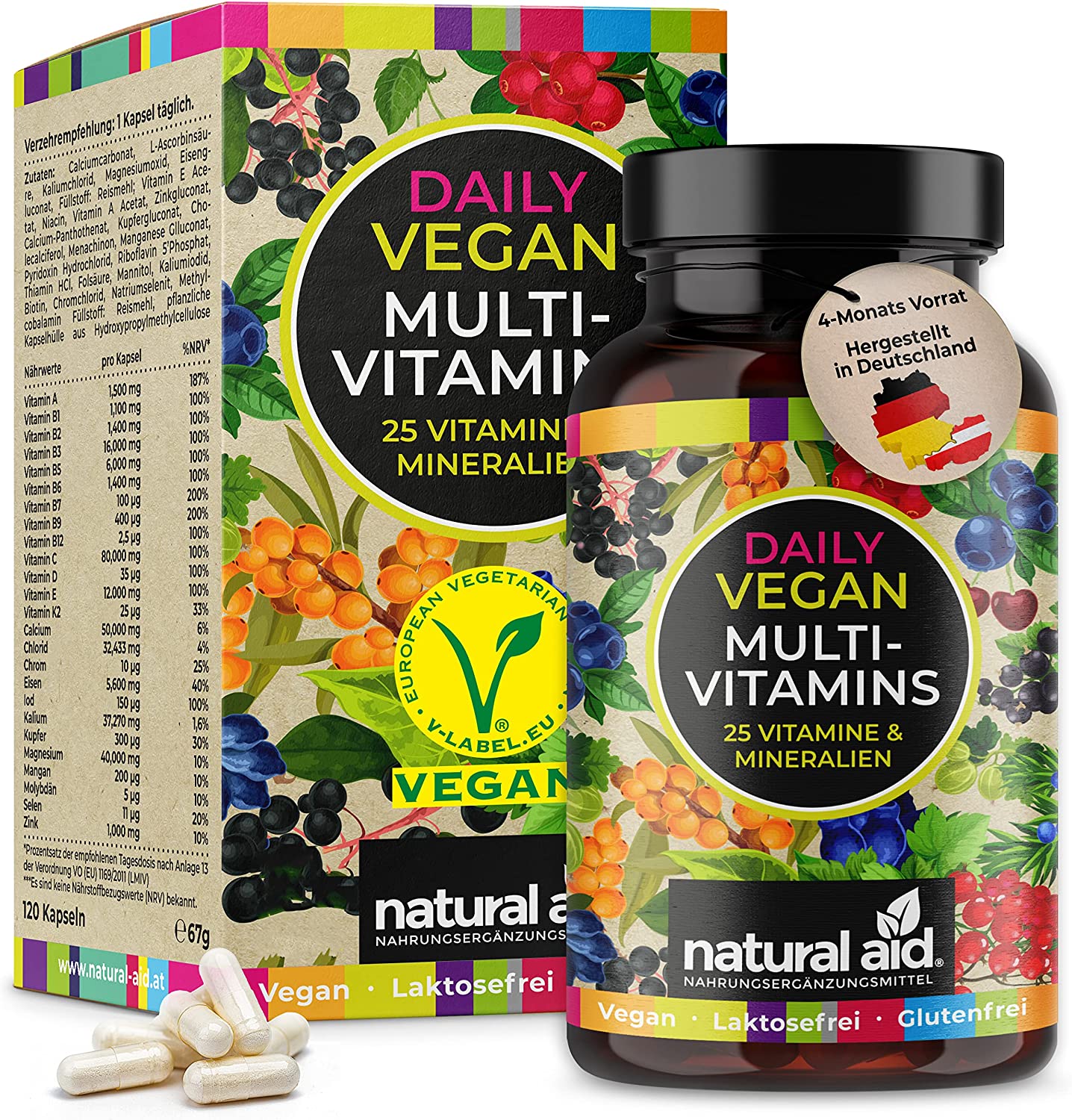 Natural Aid Daily Vegan MultiVitamins | 120 Kapseln | 25 Vitamine und Mineralien