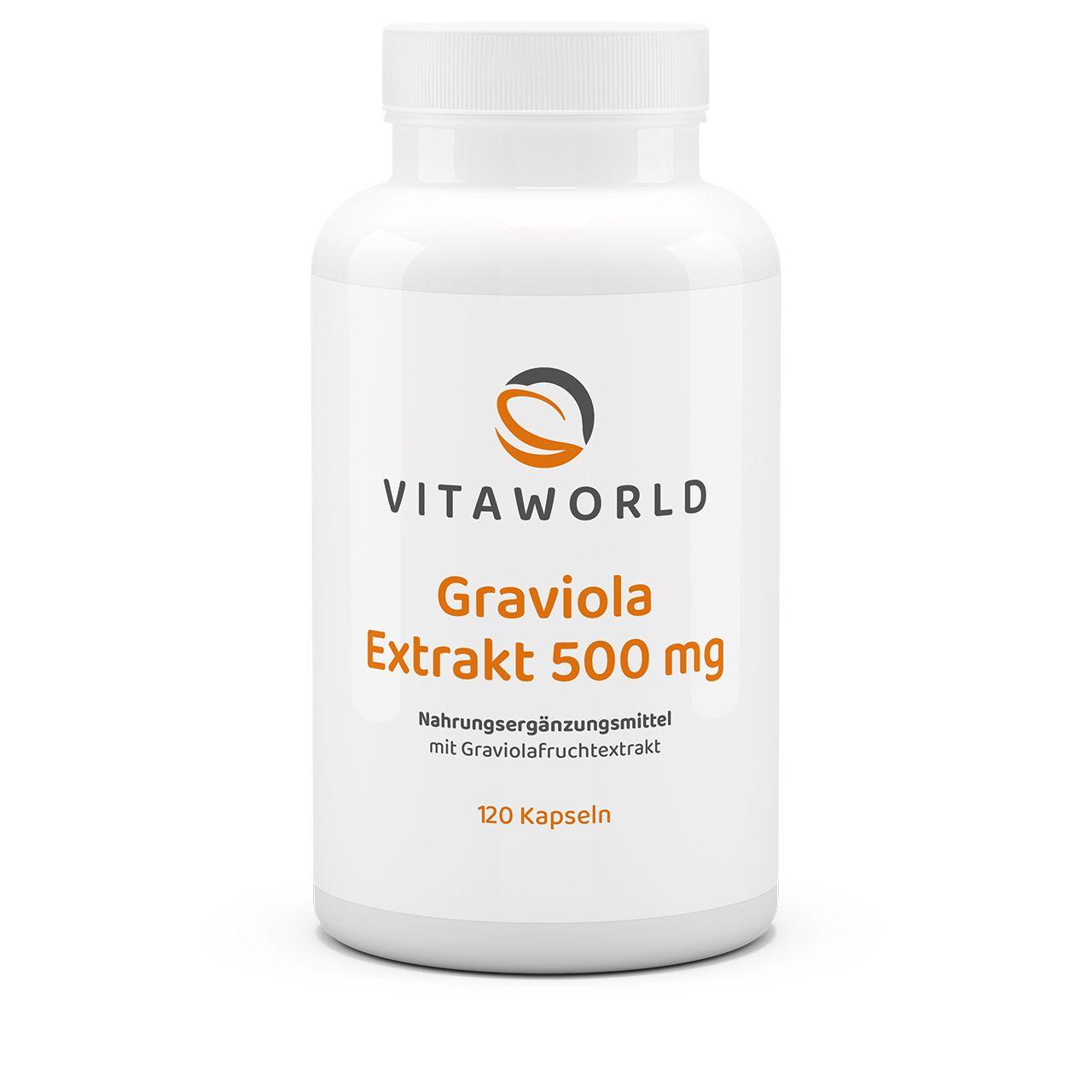 Vitaworld Graviola Extrakt 500 mg | 120 Kapseln | Hoch dosierter 10:1-Frucht-Extrakt | 1000 mg pro Tagesverzehrmenge | Vegan