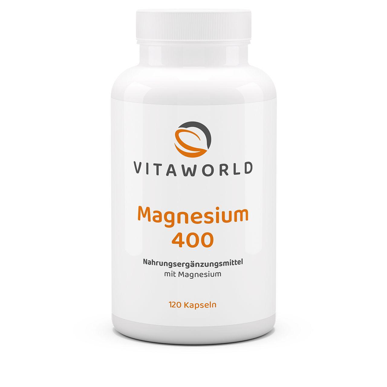 Vitaworld Magnesium 400 | 120 Kapseln | 400 mg reines Magnesium pro Kapsel | Trägt zur Muskelfunktion bei | Unterstützt gesunde Knochen | Vegan