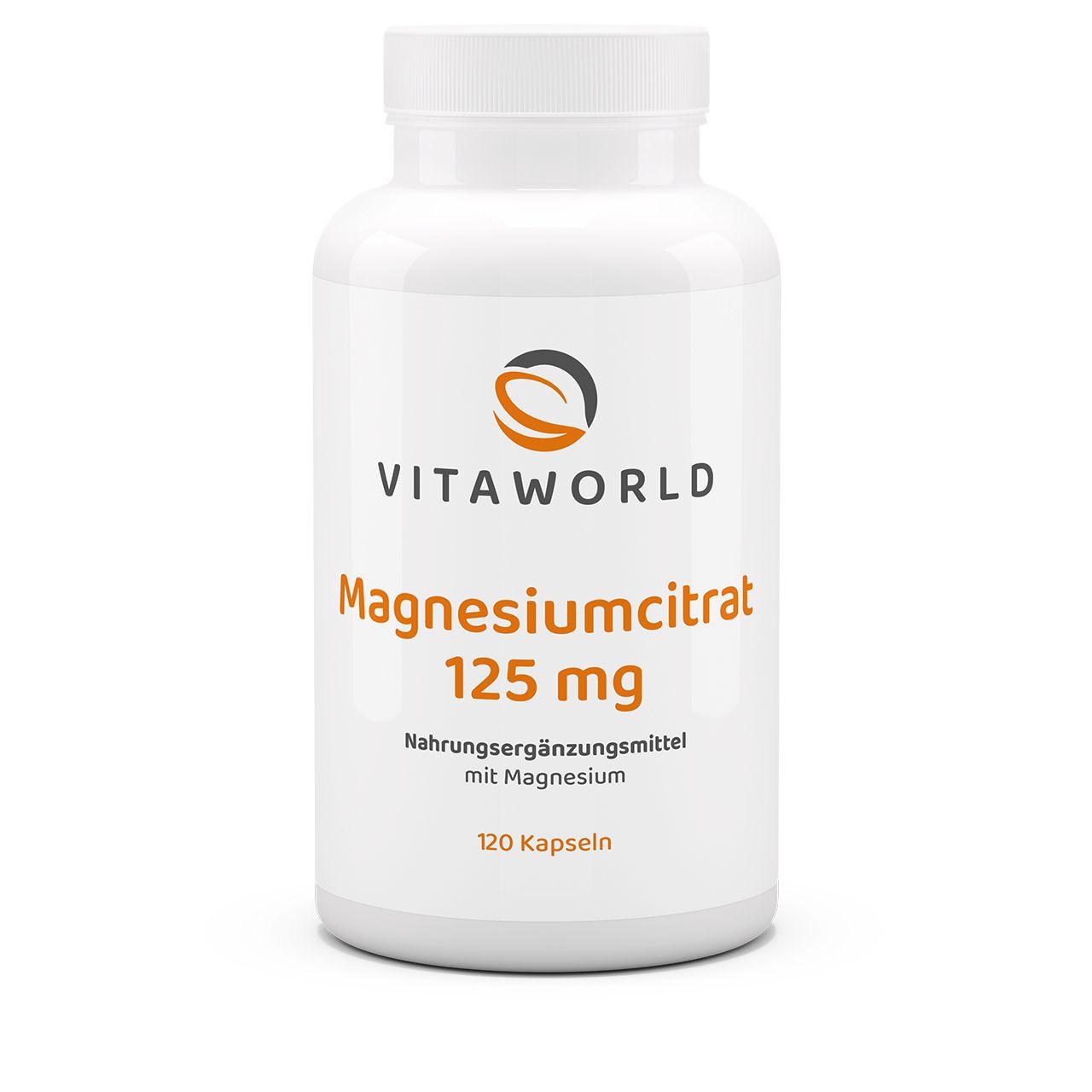 Vitaworld Magnesiumcitrat 125 mg | 120 Kapseln | Hoch bioverfügbares Magnesium | Unterstützt Muskelfunktion | 375 mg pro Tagesdosis | Vegan