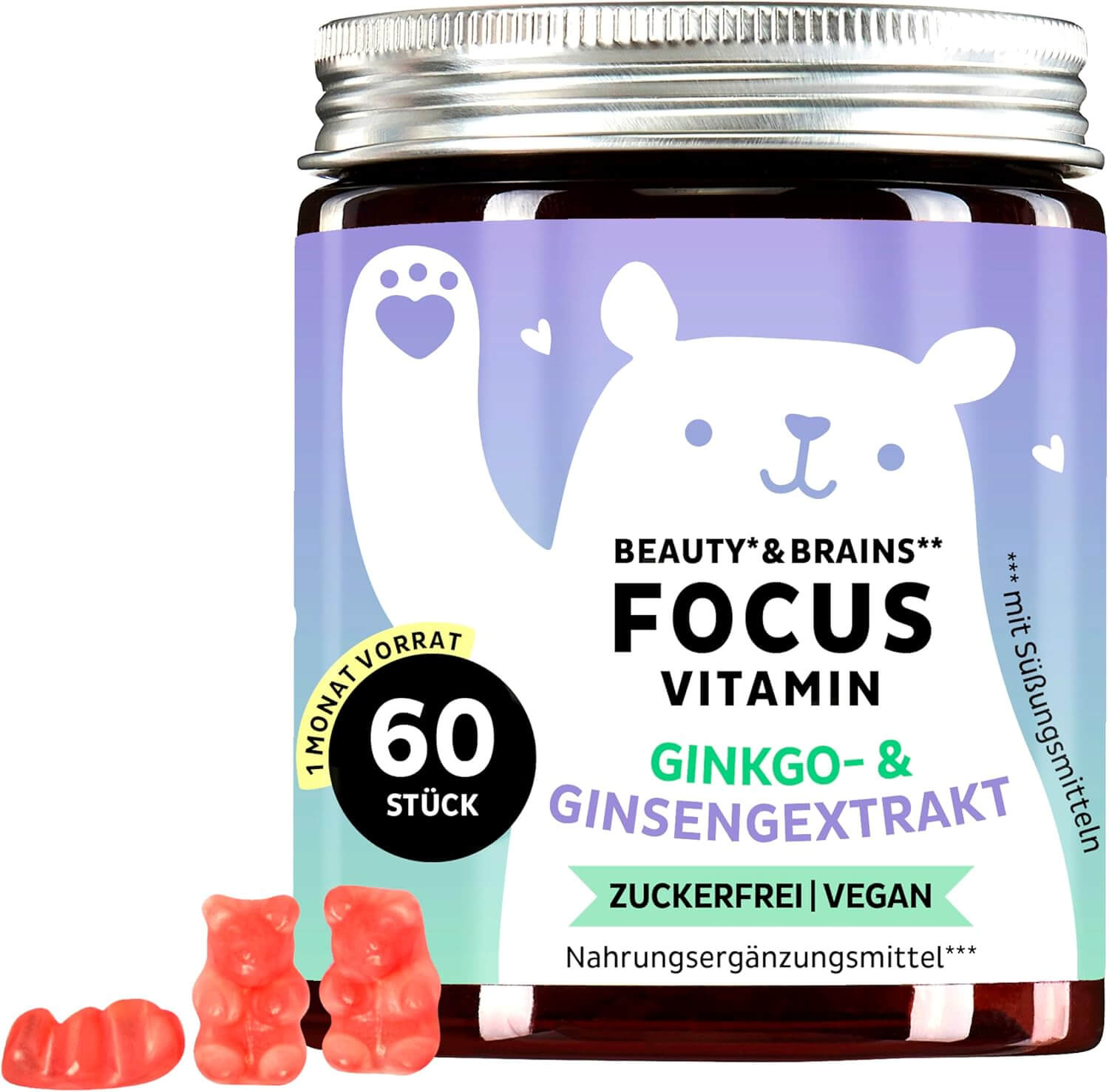 Bears with Benefits Beauty & Brains Focus | 60 Stück | vegan | zuckerfrei | mit Ginkgo & Ginseng