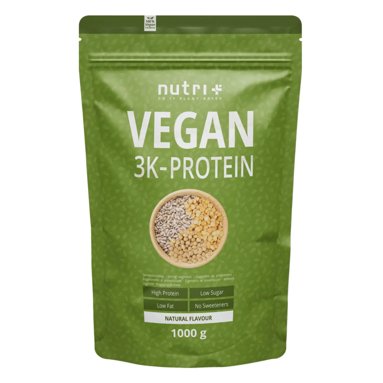 nutri+ 3K Proteinpulver Vegan | 1000 g | vegan | hoher Eiweißgehalt | mit 3 pflanzlichen Proteinen | cremige Konsistenz