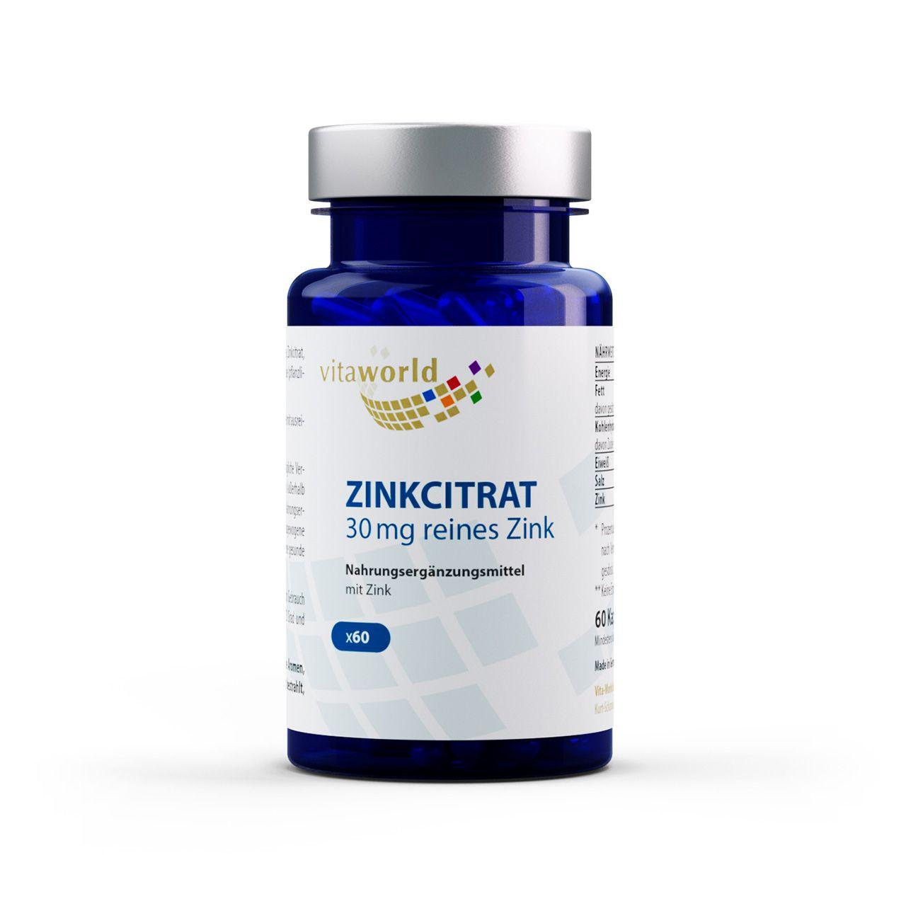 Vitaworld Zinkcitrat 30 mg | 60 Kapseln | Hochdosiert | Unterstützt Immunsystem | Essenzielles Spurenelement | Zellschutz | Vegan