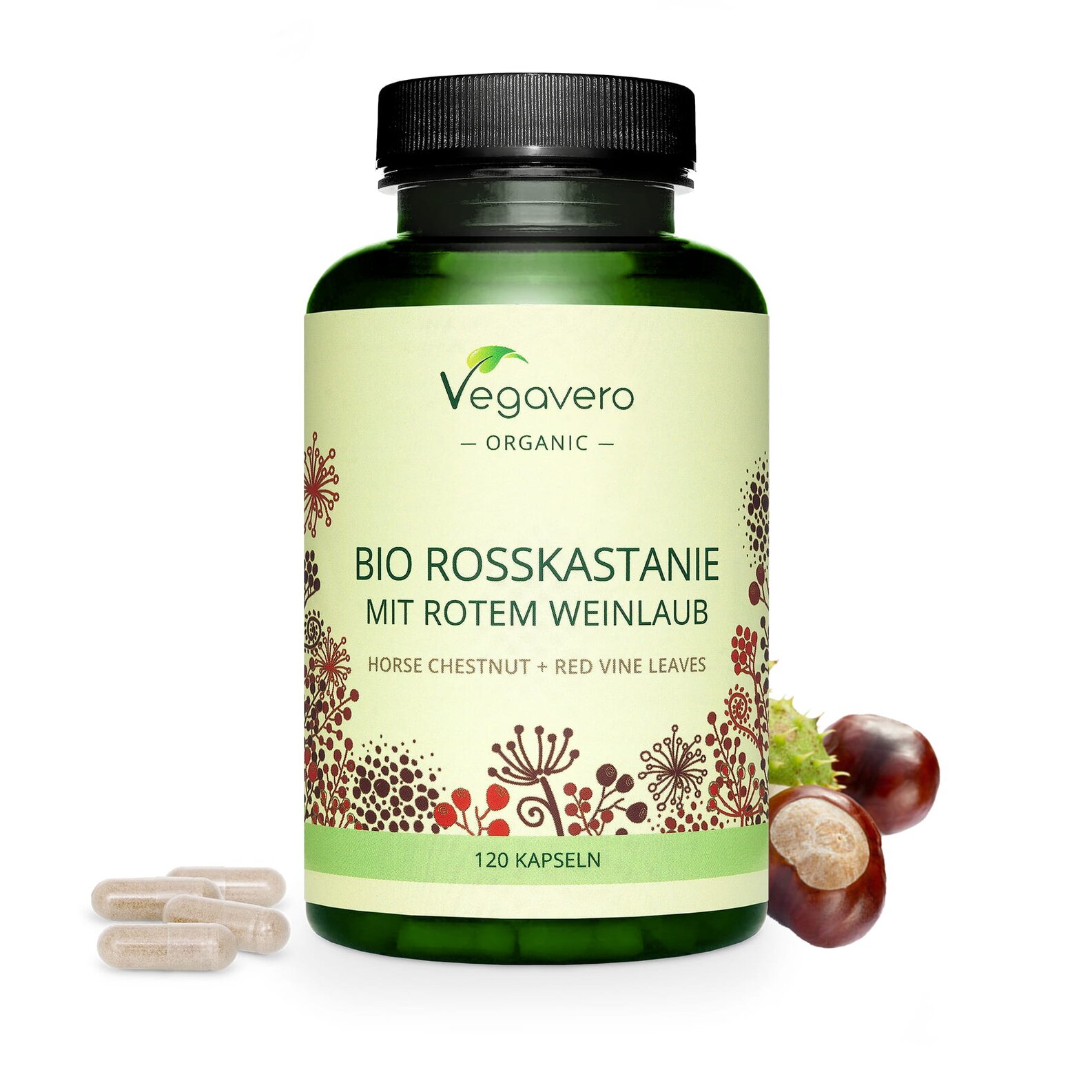 Vegavero Bio Rosskastanie mit rotem Weinlaub | 120 Kapseln | Unterstützt die Venengesundheit | Natürlich & Vegan