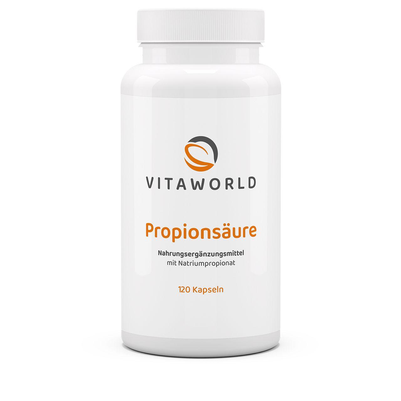 Vitaworld Propionsäure 500 mg | 120 Kapseln | Hochreines Natriumpropionat | Unterstützung der Darmflora | Verdauungsfördernd | Vegan