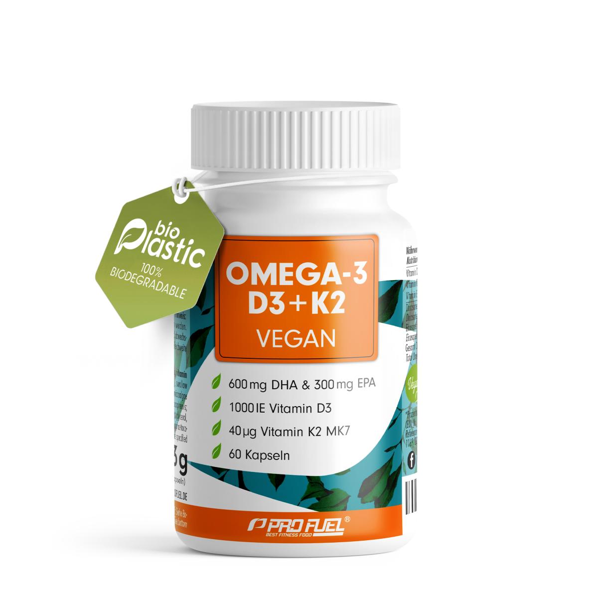 ProFuel Omega-3 D3 + K2 vegan Kapseln | aus Algenöl | hochdosiert: 600mg DHA + 300mg EPA