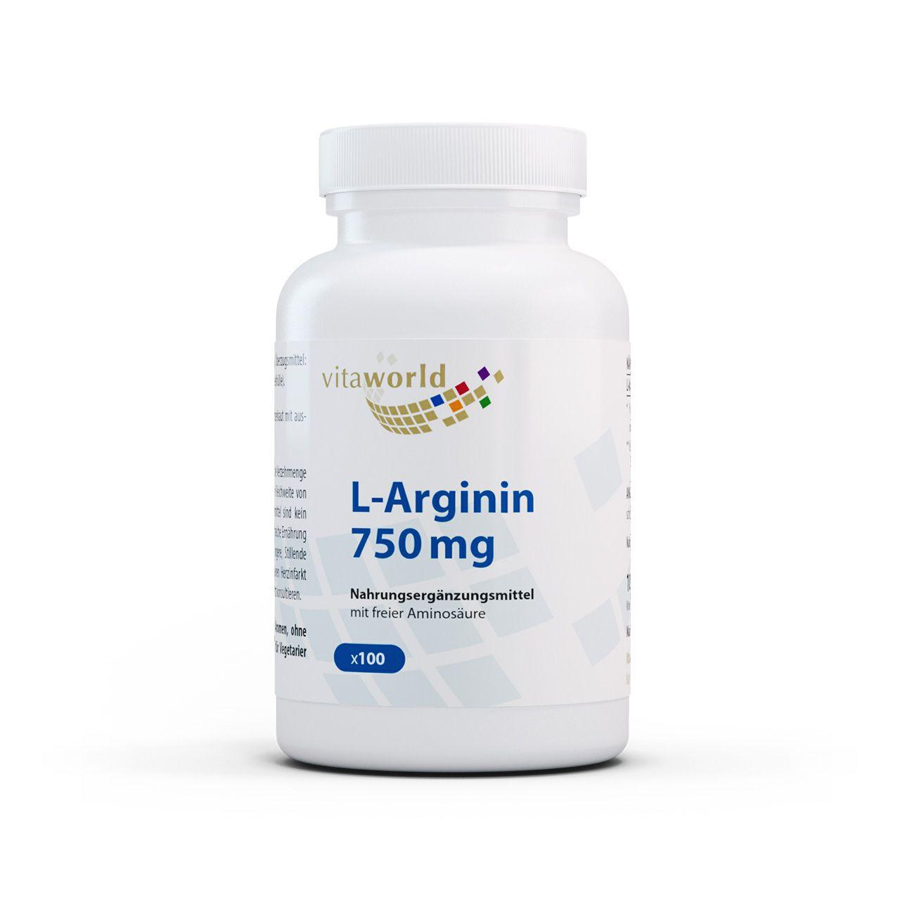 Vitaworld L-Arginin 750 mg | 100 Kapseln | Hochreines Arginin | Natürliche Base | Aus Zuckerrohr fermentiert | Für Sportler geeignet | Vegan