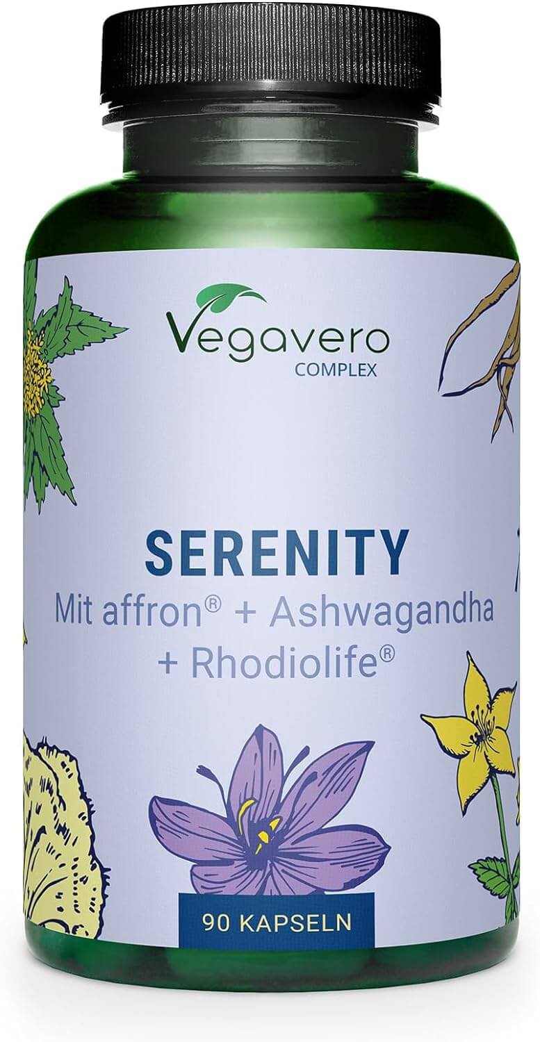 Vegavero Serenity | 90 Kapseln | Veganer Stimmungsbooster mit Ashwagandha, Johanniskraut, Safran, Hericium, L-Tryptophan + B-Vitaminen