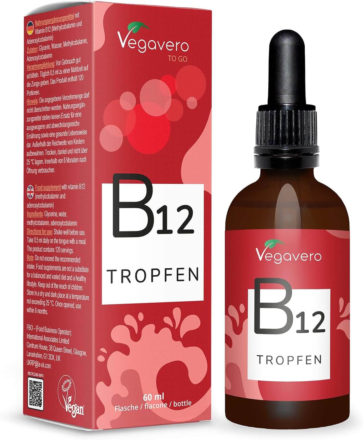 Vegavero Vitamin B12 Tropfen | 60ml | Hohe Bioverfügbarkeit | Vegan | Methylcobalamin