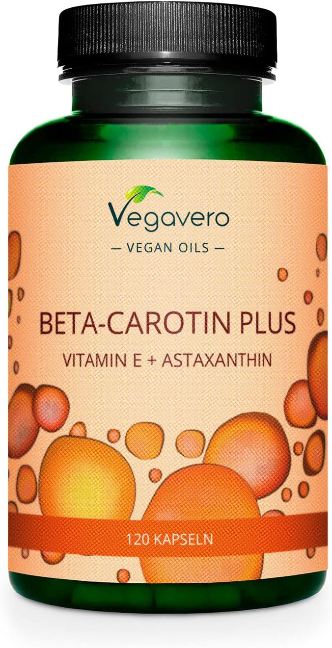 Vegavero Beta Carotin Plus | 120 Kapseln | mit Vitamin E und Astaxanthin | Unterstützt Hautschutz | Hohe Bioverfügbarkeit | Vegane Rezeptur