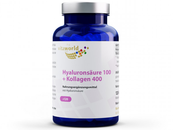 Vitaworld Hyaluronsäure 100 + Kollagen 400 | 120 Kapseln | mit bioaktiven Kollagenpeptiden | gluten- und laktosefrei