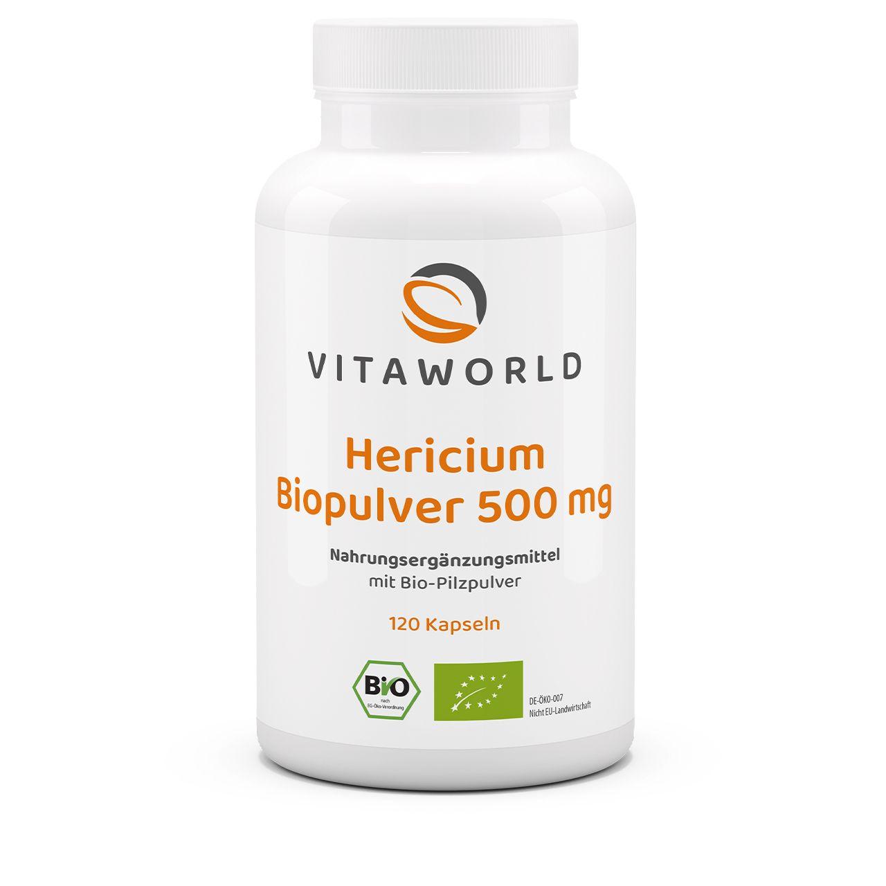 Vitaworld Hericium Biopulver 500 mg | 120 Kapseln | Igelstachelbart | Vegan