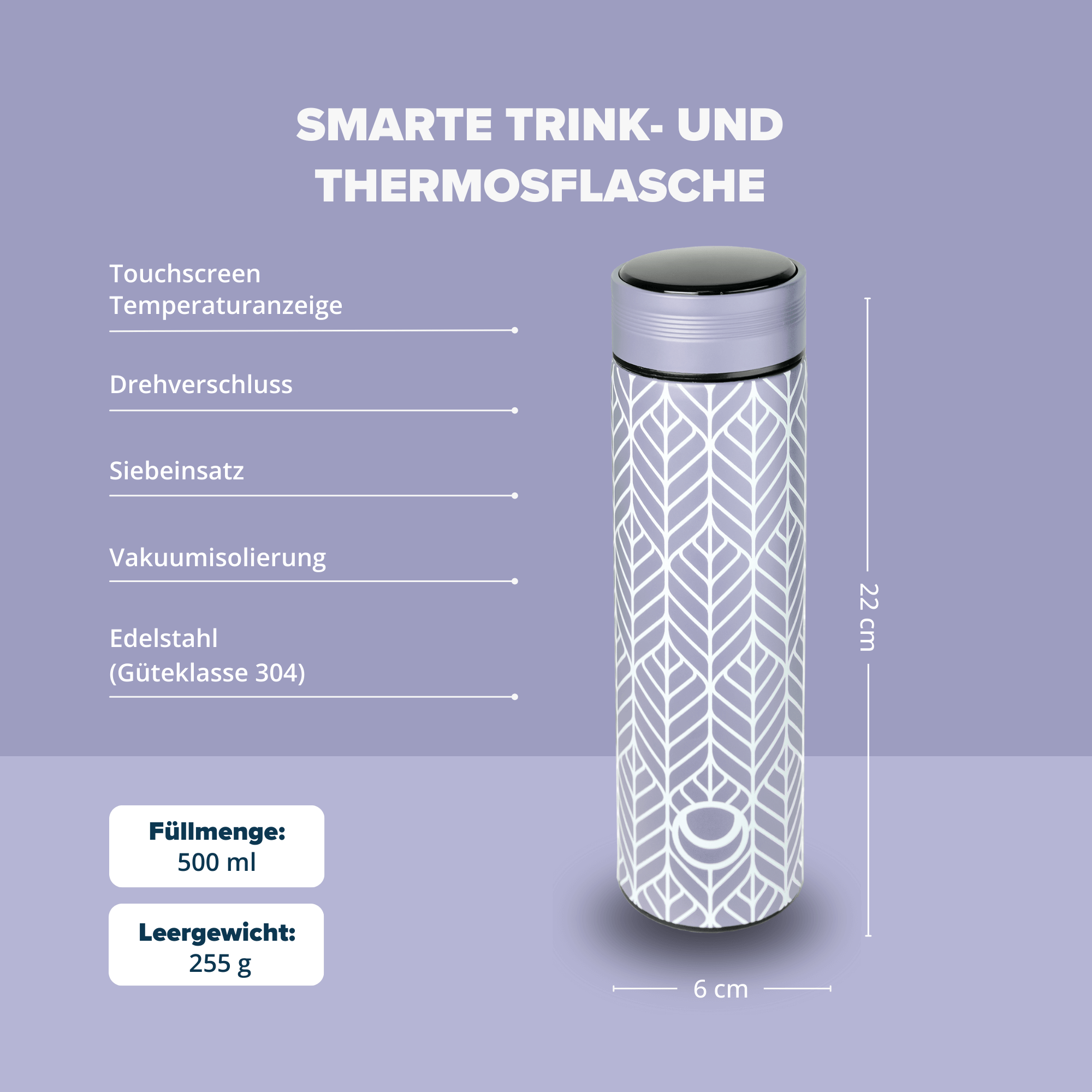 Health Rise Smarte Thermosflasche | 500ml | Edelstahl | Temperaturanzeige mit Touchscreen | BPA-frei | auslaufsicher | 3 Farben