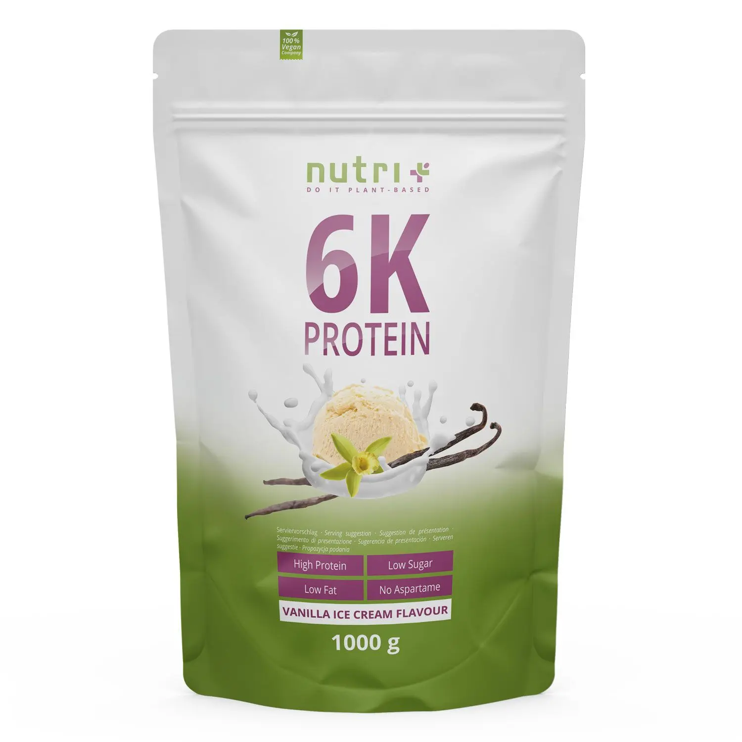 nutri+ 6k Proteinpulver | 1000 g | vegan | hoher Eiweißgehalt | mit 6 pflanzlichen Proteinen | hohe biologische Wertigkeit