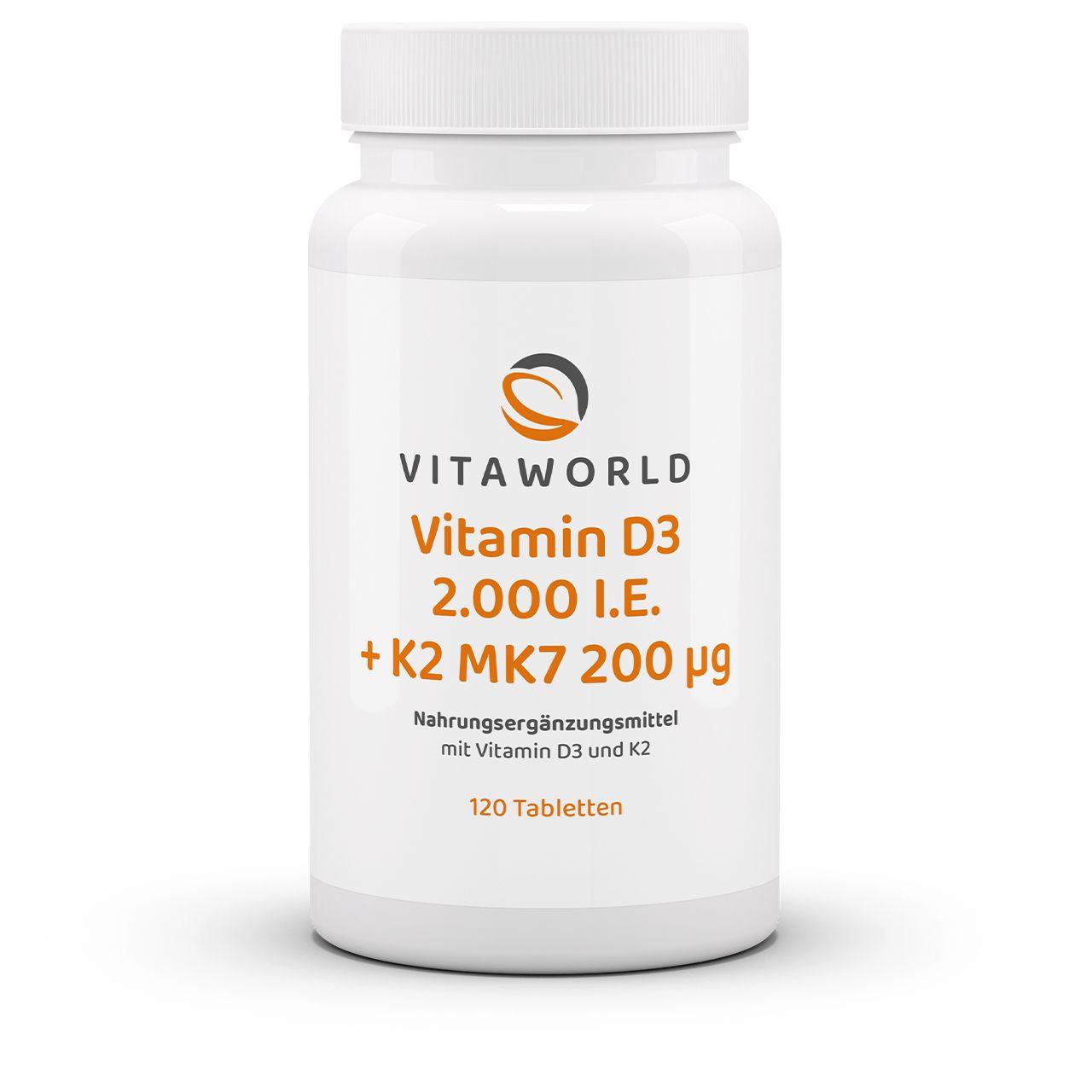 Vitaworld Vitamin D3 2000 I.E. + K2 MK7 200 µg | 120 Tabletten | Unterstützt Knochengesundheit | All-trans MK7 | Hochdosiert | Für den täglichen Bedarf