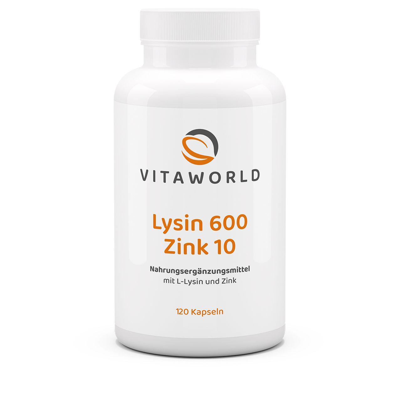 Vitaworld Lysin 600 mg plus Zink 10 mg | 120 Kapseln | Unterstützt das Immunsystem | Essenzielle Aminosäure | 480 mg L-Lysin und 10 mg Zink pro Kapsel | Vegan