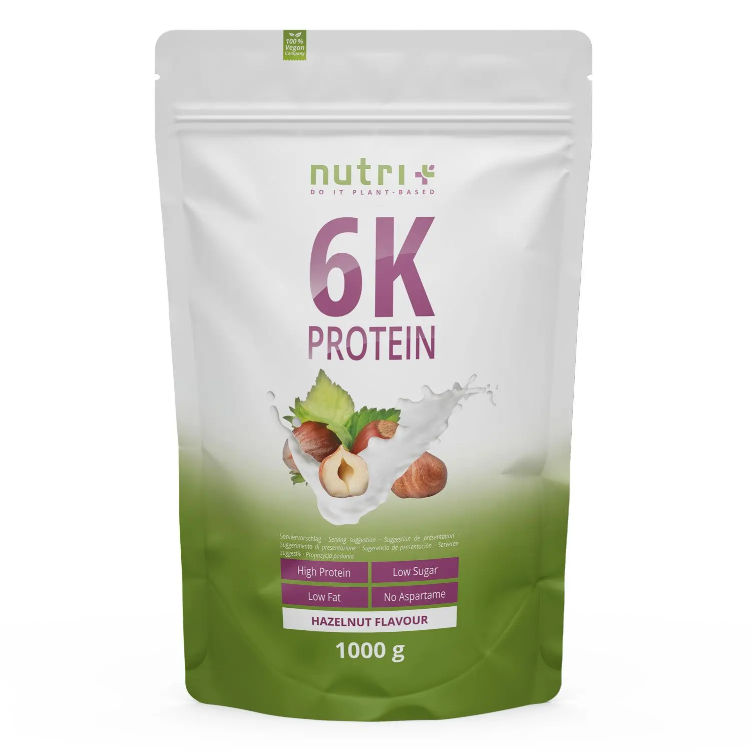 nutri+ 6k Proteinpulver | 1000 g | vegan | hoher Eiweißgehalt | mit 6 pflanzlichen Proteinen | hohe biologische Wertigkeit