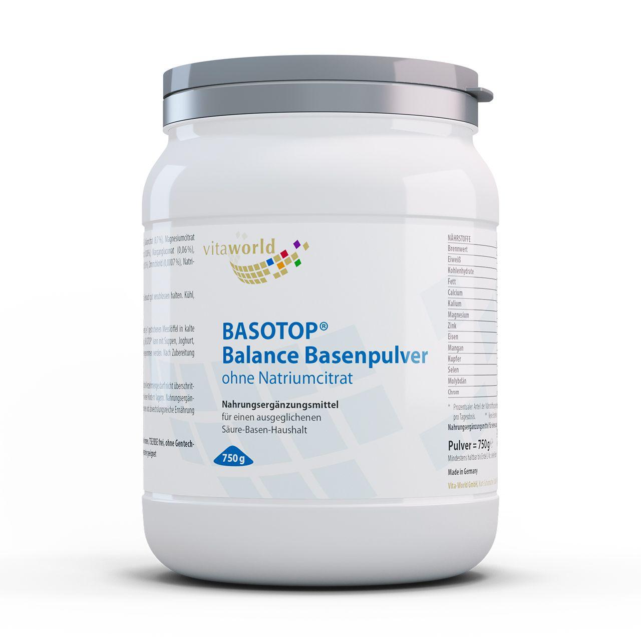 Vitaworld BASOTOP Balance ohne Natriumcitrat | 750 g | Unterstützt den Säure-Basen-Haushalt | Mineral-Komplexmittel zur Entsäuerung | Vegan