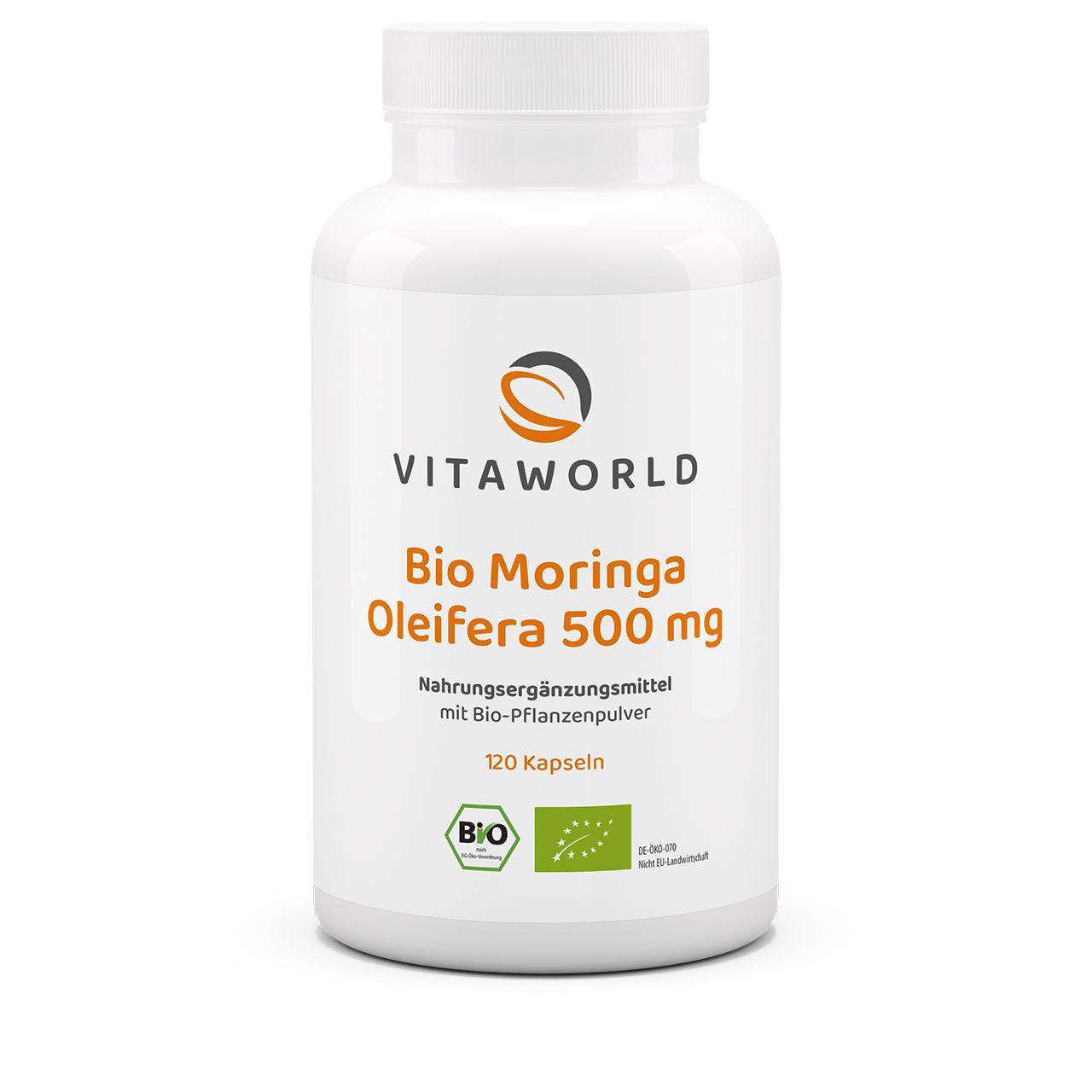 Vitaworld Moringa Oleifera Bio | 120 Kapseln | 500 mg pro Kapsel | 1500 mg Moringa pro Tagesverzehr | Reich an Nährstoffen | Ohne Zusatzstoffe | Vegan